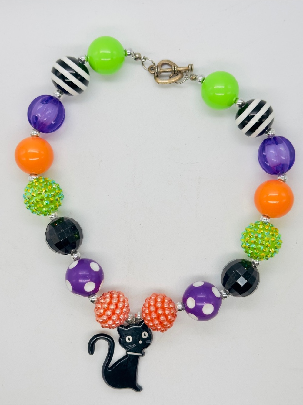 Chunky Halloween Themed Plastic Beaded Necklace Black Cat Kids Orange Purple